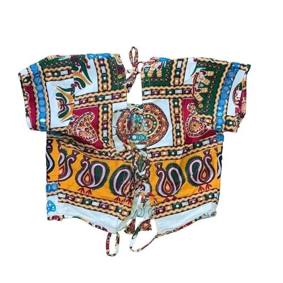 Blue and Yellow Short Sleeve Crop Blouse with Tie Front - Picture 5 of 13